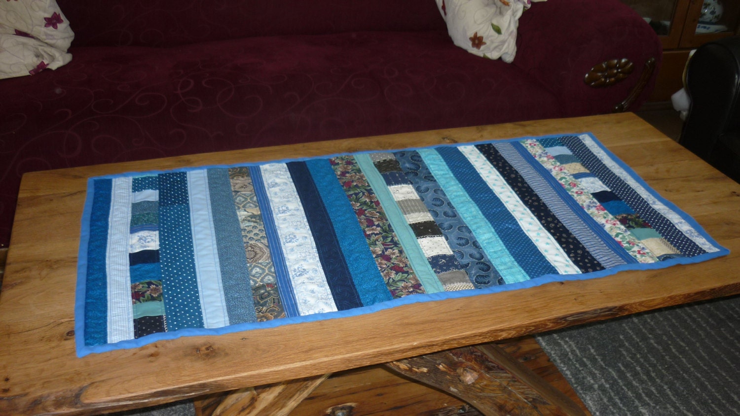 Table runner shades of blue quilted patchwork