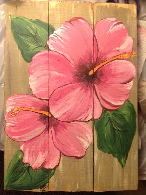 Hand painted Hibiscus Flowers on reclaimed pallet wood