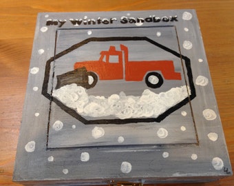 Mini Winter Sandbox- hand-painted box with kinetic sand and construction toy