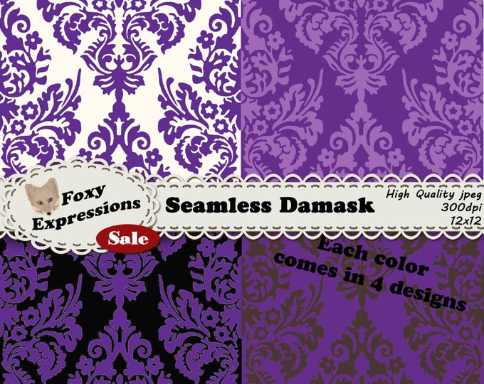 Seamless Damask comes in 6 colors each in 4 styles, 24 papers total. Each paper seamlessly tiles together to easily make backgrounds, etc.
