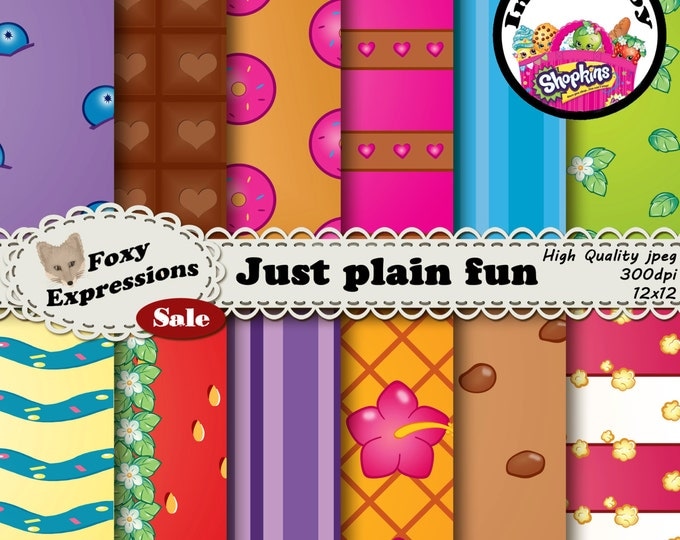Just for fun digital paper pack is inspired by Shopkins. It features Strawberry Kiss, Kooky Cookie, Apple Blossom, Pineapple Crush, and more