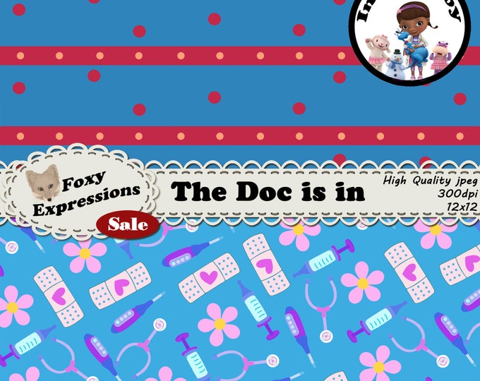 The Doc Is In digital paper inspired by Doc Mcstuffins, includes Big Book of Boo Boo, Stuffy, Lambie, Chilly, Sir Kirby, Hippo, chart & more