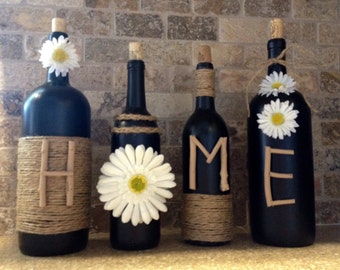 HOME Wine Bottle Decor, Home Decor, Wine Bottles, Shabby Chic, Country. Gift for Home