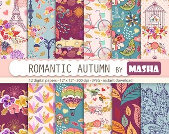 Autumn digital papers: "ROMANTIC AUTUMN" with fall digital paper, romantic digital paper, leaves pattern, 12 images, 300 dpi. jpg files