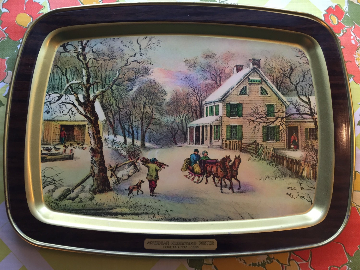 Vintage Currier And Ives Metal Tray American Homestead
