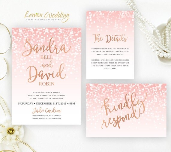 Blush pink and rose gold wedding Invitation sets Glitter