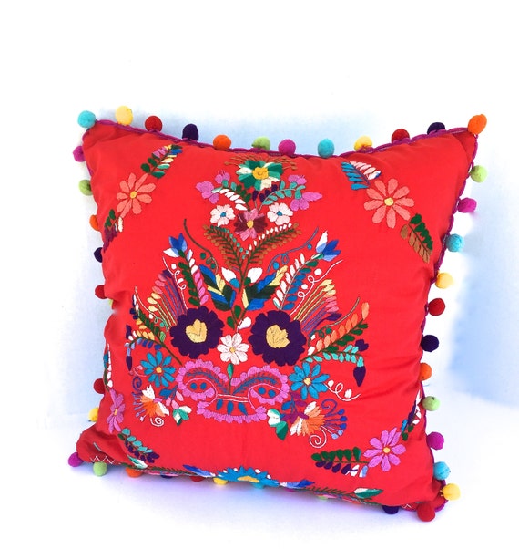 Embroidered Mexican Dress Pillow 18 Square Decorative