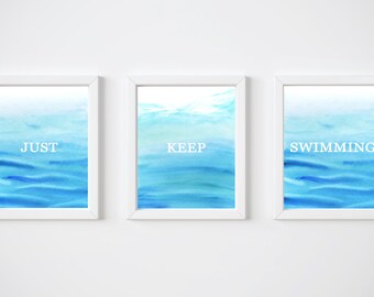 Just Keep Swimming Finding Nemo Quote, Dory Disney Quote Print, Disney Nursery Printable Wall Art Decor Blue Ocean Inspirational Gray Frames