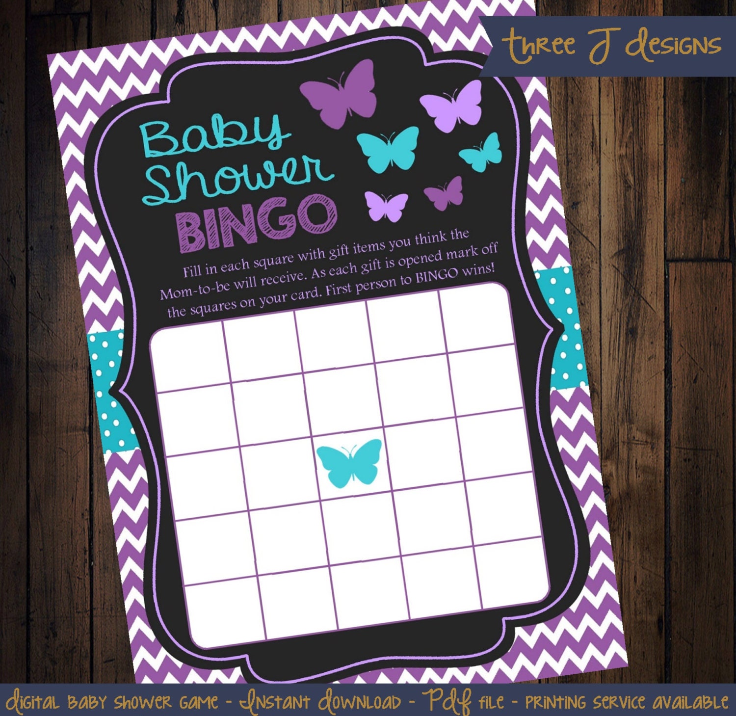 Butterfly Baby Shower BINGO Game Purple Chevron Teal