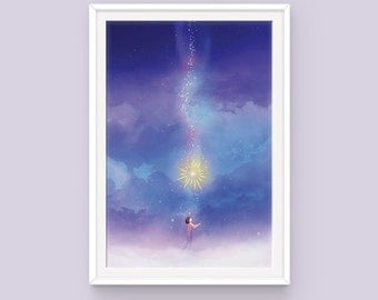 Studio Ghibli Howl's Moving Castle Poster: Falling Star, Young Howl, Calcifer, Hayao Miyazaki, Howl Poster, Calcifer and Howl, 11" x 17"