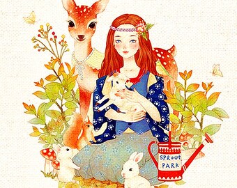 Deer Fabric,Hand Printed Fabric,Children Fabric Deer with Girl ,One Panel 8"x 8" (20cm X 20cm) h74a