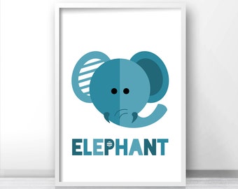 Elephant Nursery Print, Animal Nursery Print, Kids Wall Art Print, Safari Nursery Wall Art, Printable Kids Art, Blue Elephant, Kids Print