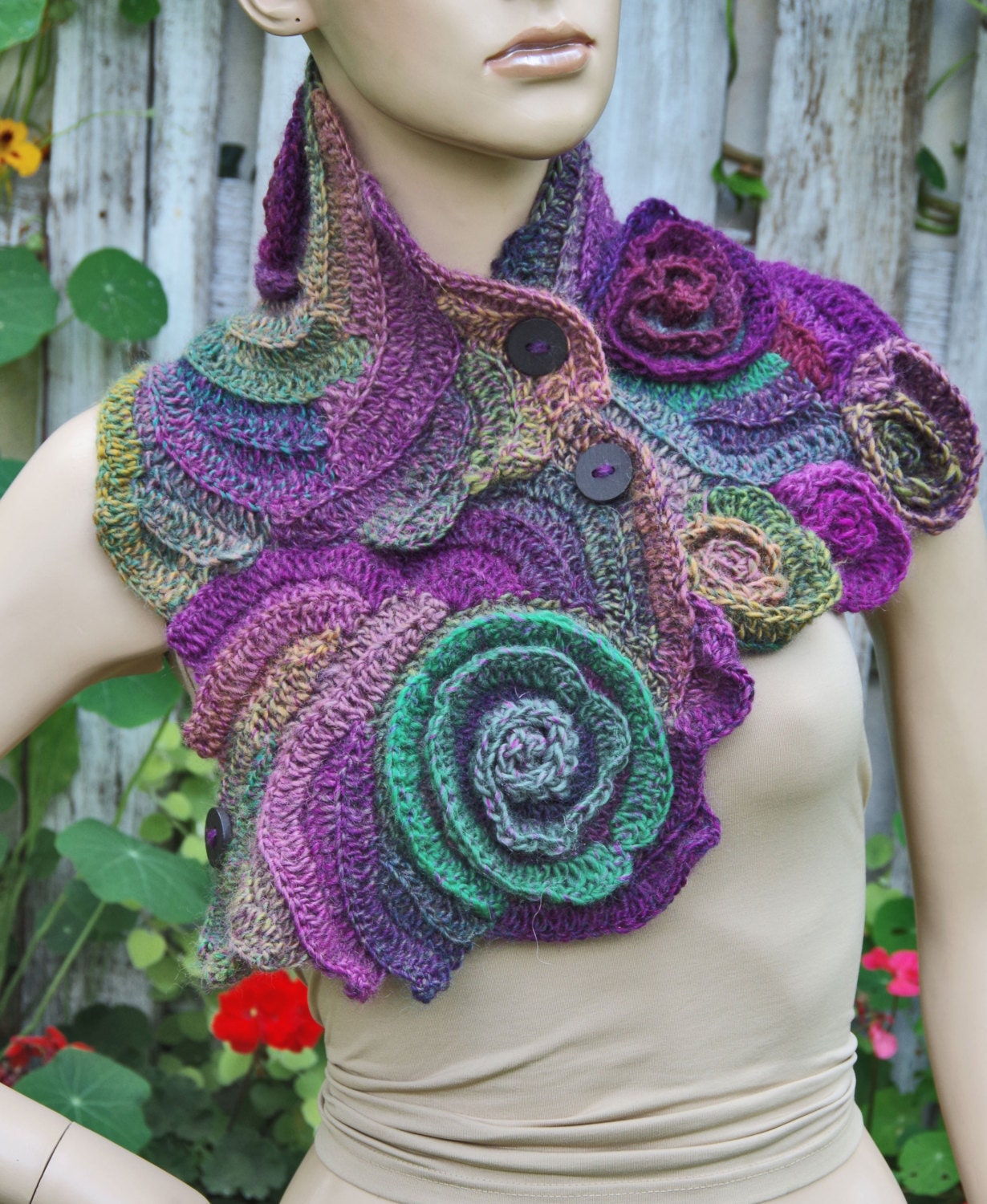 Crochet Scarf Freeform Crochet Flower scarf Capelet Roses