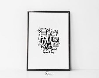 Take Me to Paris Print, Black & White, Monochrome Print, Paris Print, Hand drawn print, Illustration, A4 Print