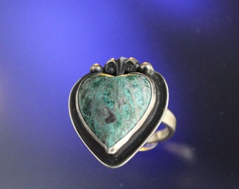 Heart Shape Parrot Wing Chrysocolla Stone Ring Handcrafted
