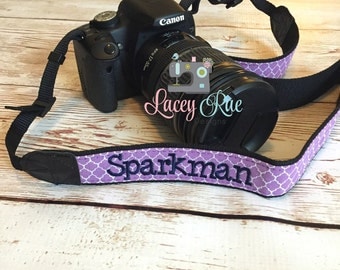 Personalized quatreoil or chevron camera strap, monogrammed camera strap, embroidered camera strap, blue, green, pink, navy, purple, gray