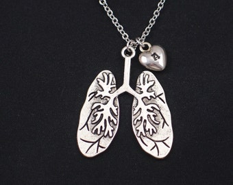 large lungs necklace, initial necklace, silver human lungs charm, anatomy charm, anatomy jewelry, nurse, doctor gift, steampunk, halloween