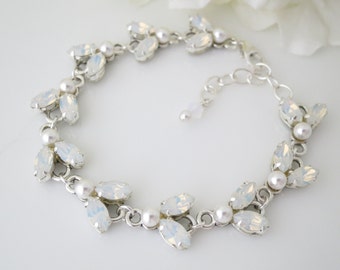 Swarovski white opal bracelet, Opal link bridal bracelet, Marquise wedding bracelet