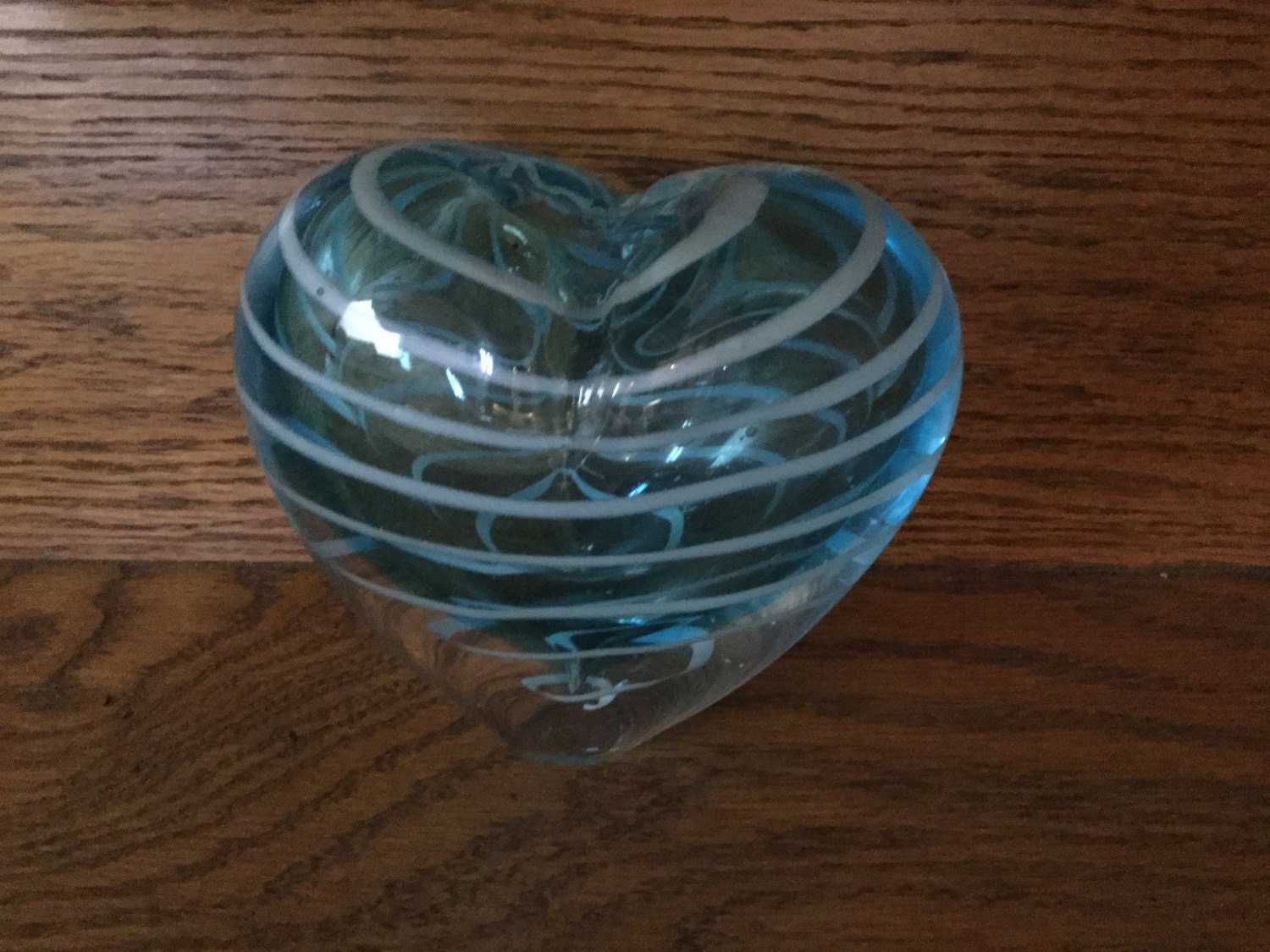 SALE. ART GLASS Aqua Blue Heart shaped Vase White Swirl