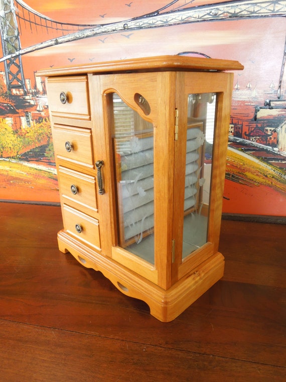 Vintage Wooden Jewelry Box with Folding Glass Side Door JB080