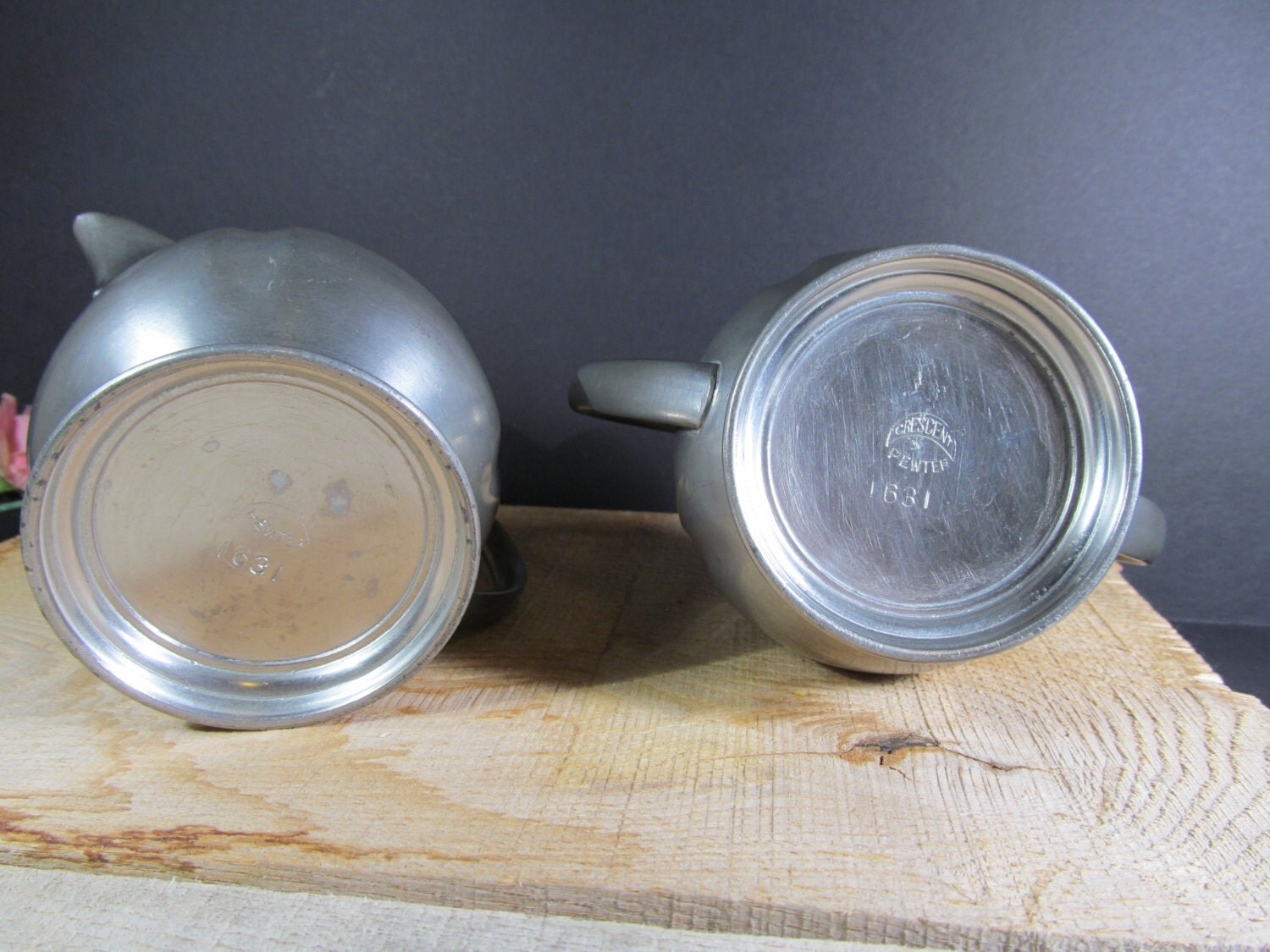 Crescent Pewter Cream and Sugar Set 1631 Vintage Collectibles