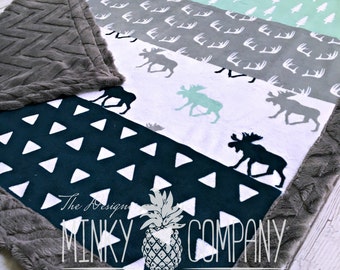 Moose Baby Blanket - Designer Faux Quilt Moose Minky - Charcoal