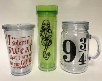 Harry Potter Tumblers, Dark Mark, platform 9 3/4, i solemnly swear that I am up to no good
