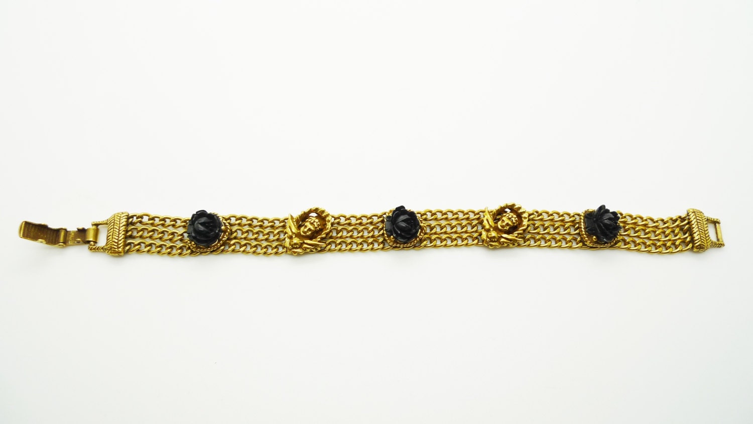 Goldette NY Vintage Gold Tone Bracelet 1950s Cherub Black