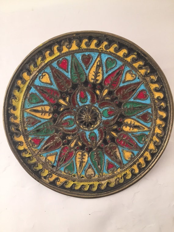 Hand Painted Brass Plate Vintage Far East Painted Plate