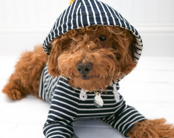 Dog Clothes, Navy Stripe Hoodie with Pom Pom and Pocket