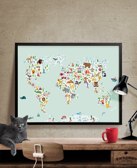 World Map Wall Art Kids Room Nursery Decor Animal World   Il 570xN.938026504 Eoyh 