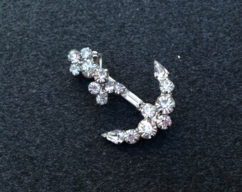 Vintage Clear Rhinestone Anchor Brooch 0377