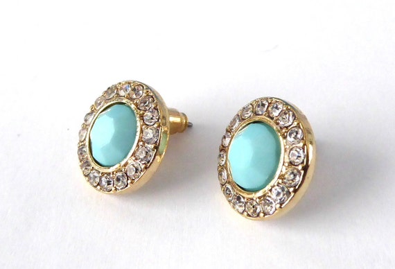 Aqua Rhinestone Earrings Posts Circle Rhinestone Surround