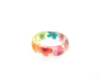 Pressed Flower Resin Jewelry- Real Flower Ring- Resin Ring made with Flowers- Rainbow Ring