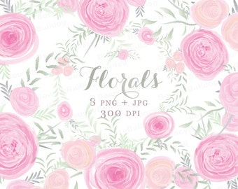 Watercolor flowers clipart pink watercolor rose clipart posies floral wedding invitation bouquet clip art Commercial Use