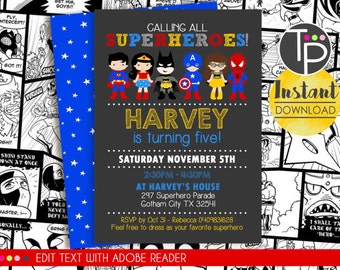 SUPERHERO Invitation, INSTANT DOWNLOAD Superhero Invitation, Superhero Party, Superhero Party Invitation, Edit yourself with Adobe Reader