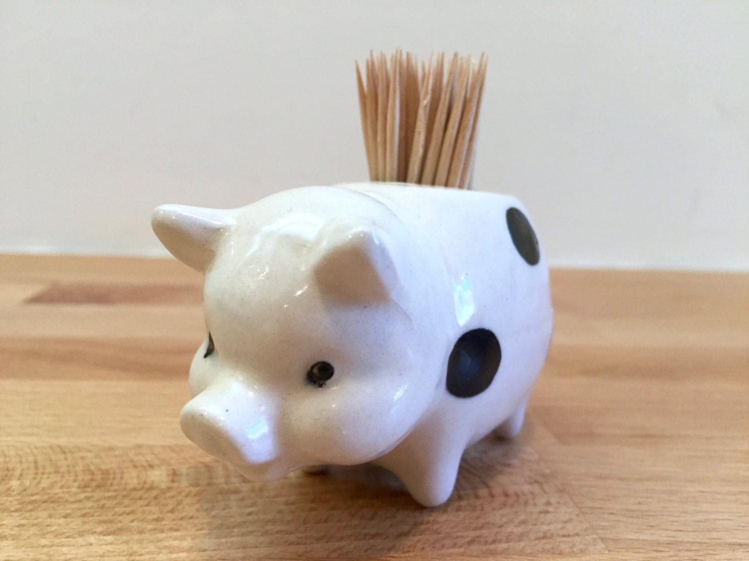 Sweet Vintage Pig Toothpick Holder Black and White Pottery