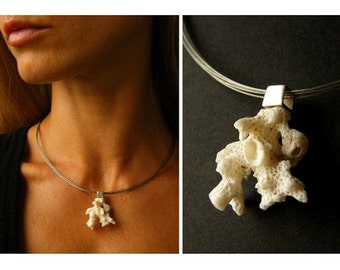 White Coral pendant, polished Silver 925, modern, young fashion, Coral reef lot for she, giftbox, chain, Statement, New - UNIQUE- H