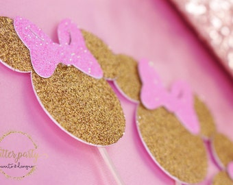 1 Dozen Glitter Pink & Gold Minnie Mouse Birthday Party Cupcake Toppers!
