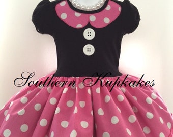 MINNIE MOUSE BiRthday Disney Inspired Twirl Dress Custom Costume BOUTIQUE Pageant Party All Sizes Pink White Black Polka Dots Gift