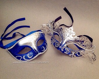 Blue couple masquerade mask pair luxury Laser cut metal Silver Mask costume prom party