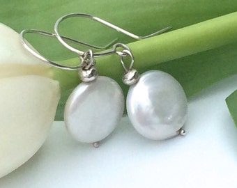 Silver Coin Pearl Earrings with Sterling Silver Hooks - Handmade Drop Earrings