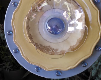 Glass Flower/Plate Flower Yard Art; Periwinkle Pansie