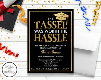 Graduation Invitation, Graduation Announcement, Black And Gold Graduation Invitation, Tassel was Worth the Hassle, High School, College