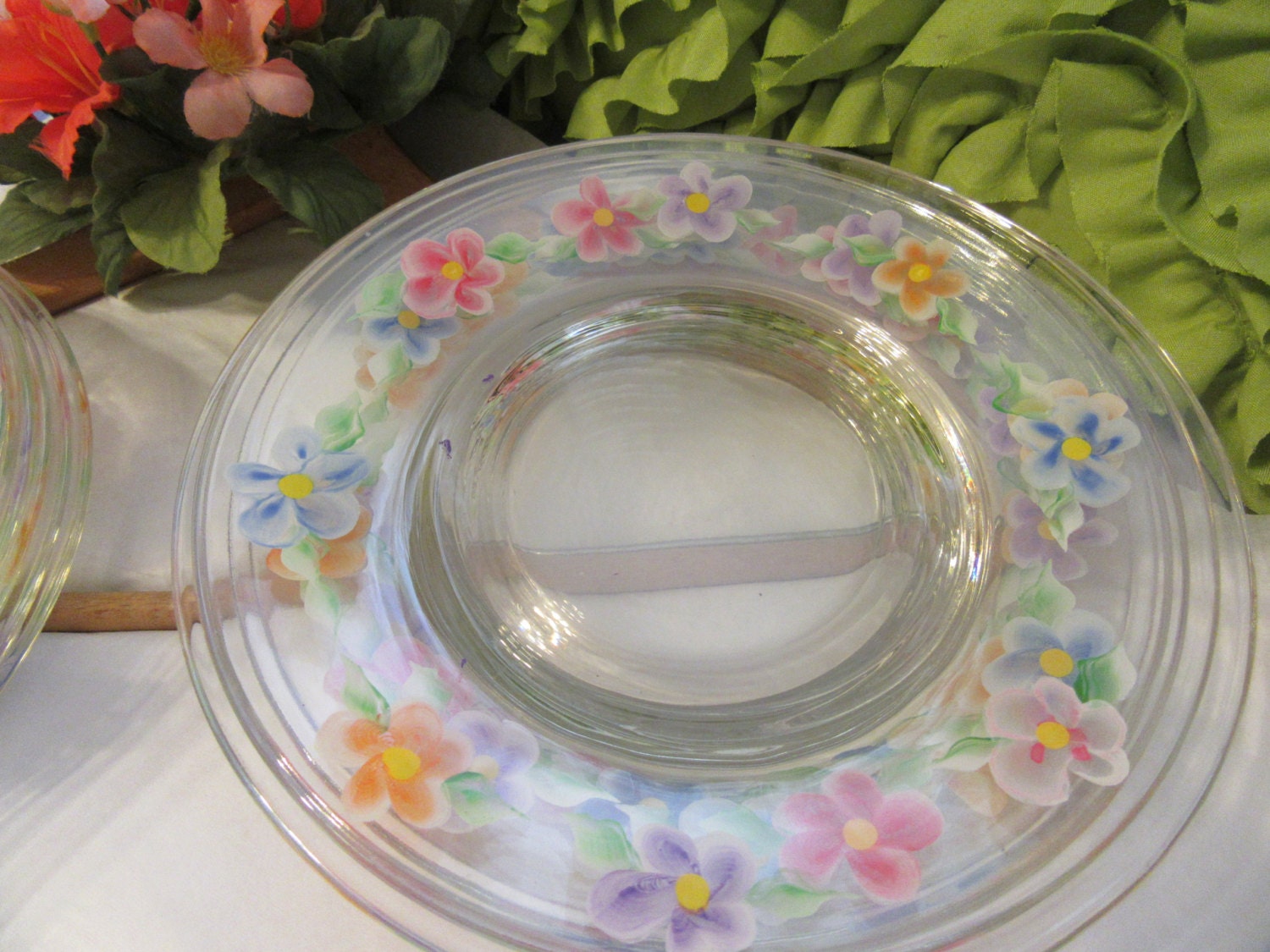 Hand Painted Clear Glass Floral Dessert Plates by JAMsCraftCloset