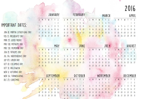 Printable 2016 8x10 Yearly by PrintablesByHelen on Etsy