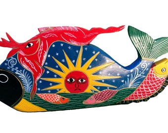 Vintage Mexican Folk Art Hand Painted Wooden Fish **FREE SHIPPING**