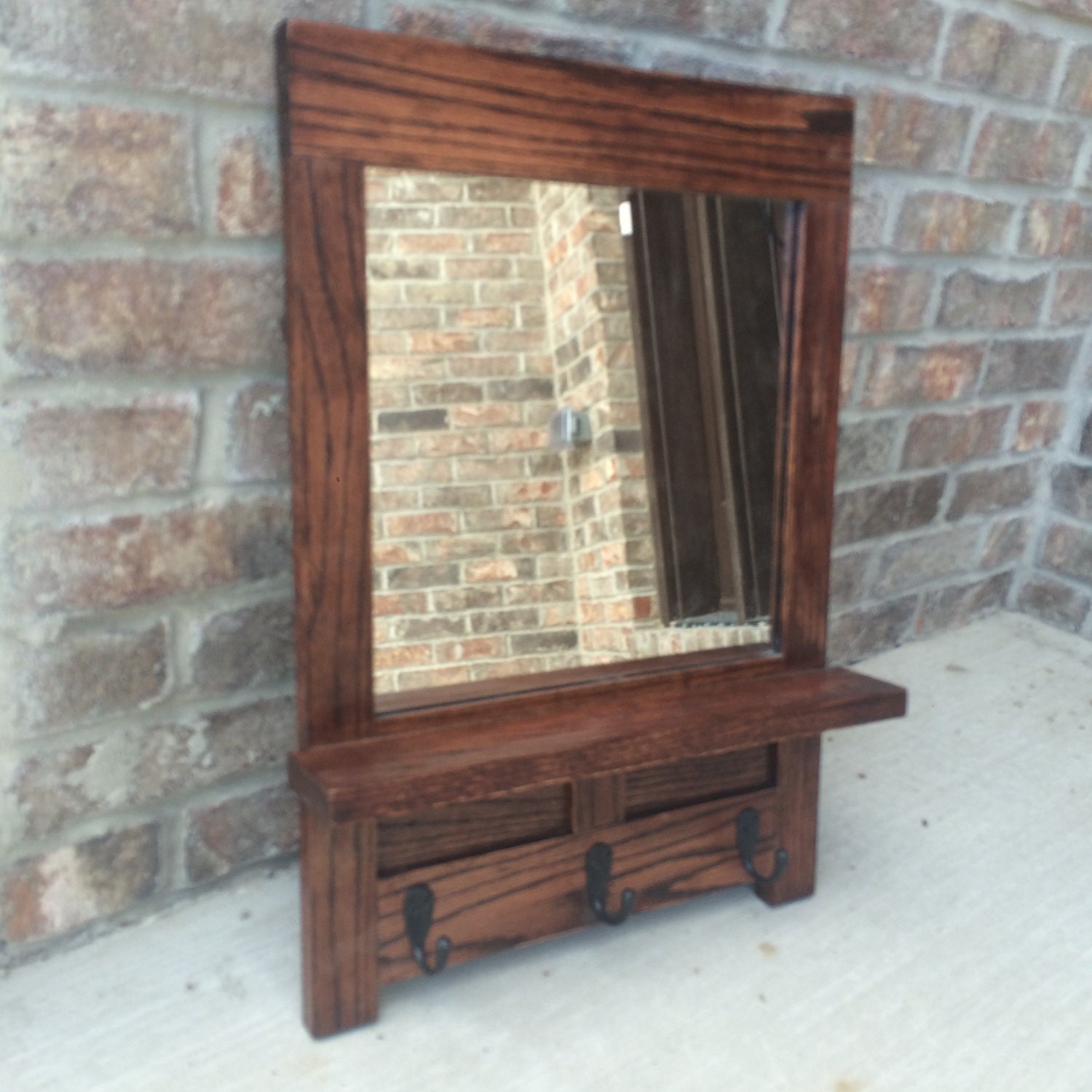 Stained Oak Entry Mirror w/ Shelf & Hooks by AmericanGrainworks