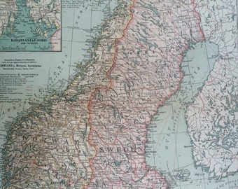 1903 Norway and Sweden Original Large Antique Map with inset maps of Stockholm and Kristiania Fjord - Scandinavia - Wall Map