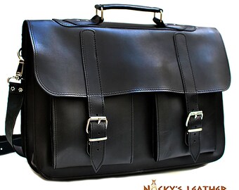 LEATHER MESSENGER BAG - Leather Briefcase 100% Full Grain Leather in Black Color